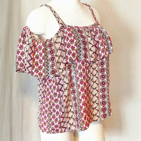 Midnight Sky Cold Shoulder Peasant Top, Colorful Geometric Floral women’s Large - Picture 2 of 10